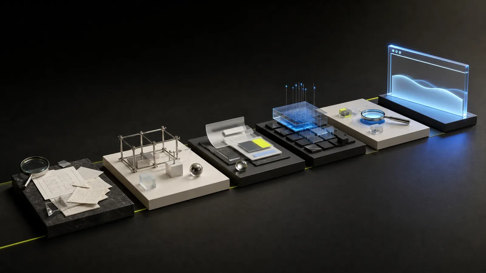 Six platforms show the sequential stages of website creation from sketch to finished interface