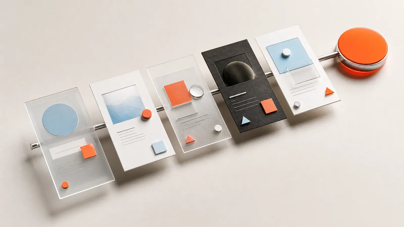 A sequence of transparent landing page layouts connected by a metal guide