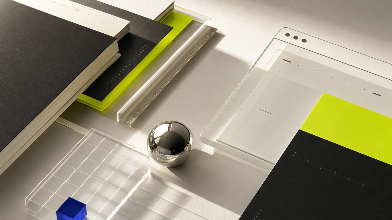 Abstract composition of web page layouts, glass mesh and metal sphere