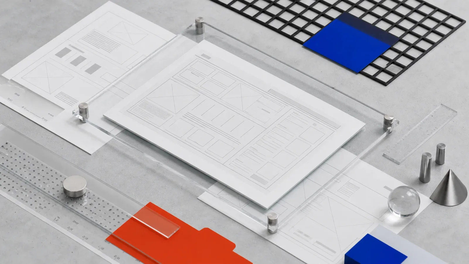 Web interface drawings under a transparent acrylic frame with rulers and colored markers